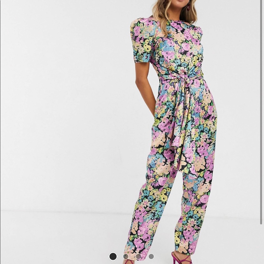ASOS vibrant floral tea jumpsuit with puff sleeve and extra pearl button